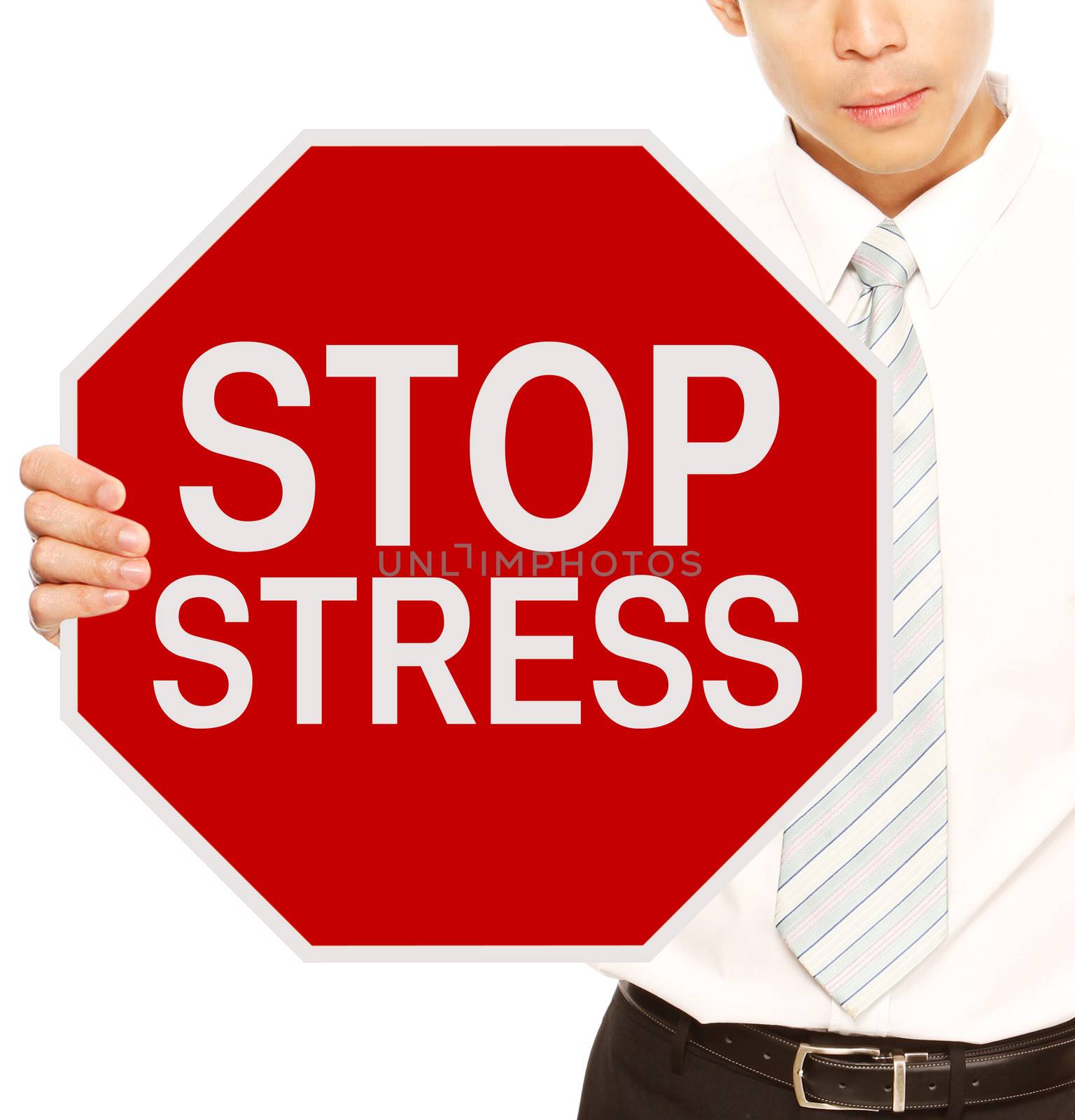 A man holding a stop sign indicating Stop Stress