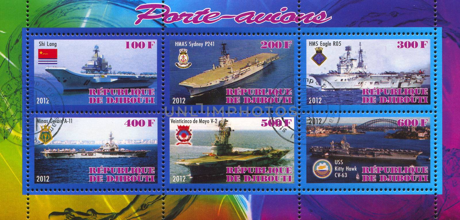 DJIBOUTI - CIRCA 2012: stamp printed by Djibouti, shows aircraft carrier, circa 2012