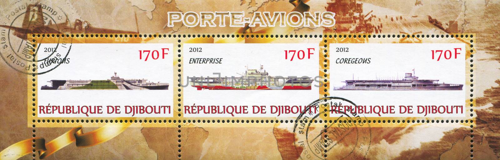 DJIBOUTI - CIRCA 2012: stamp printed by Djibouti, shows battleship, circa 2012