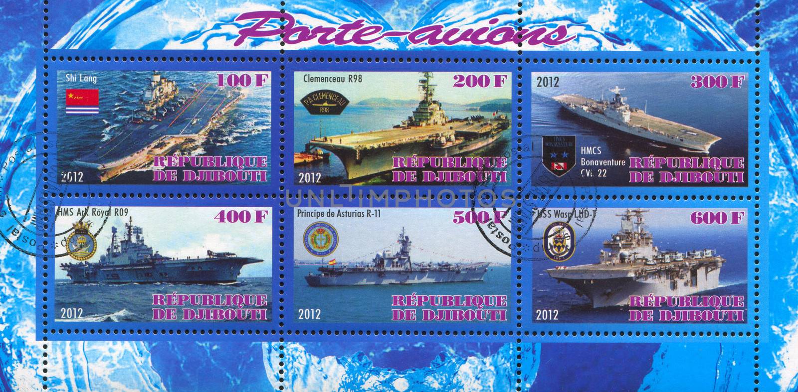 DJIBOUTI - CIRCA 2012: stamp printed by Djibouti, shows aircraft carrier, circa 2012