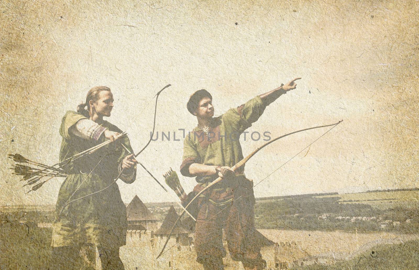 Archers with bows on old paper background
