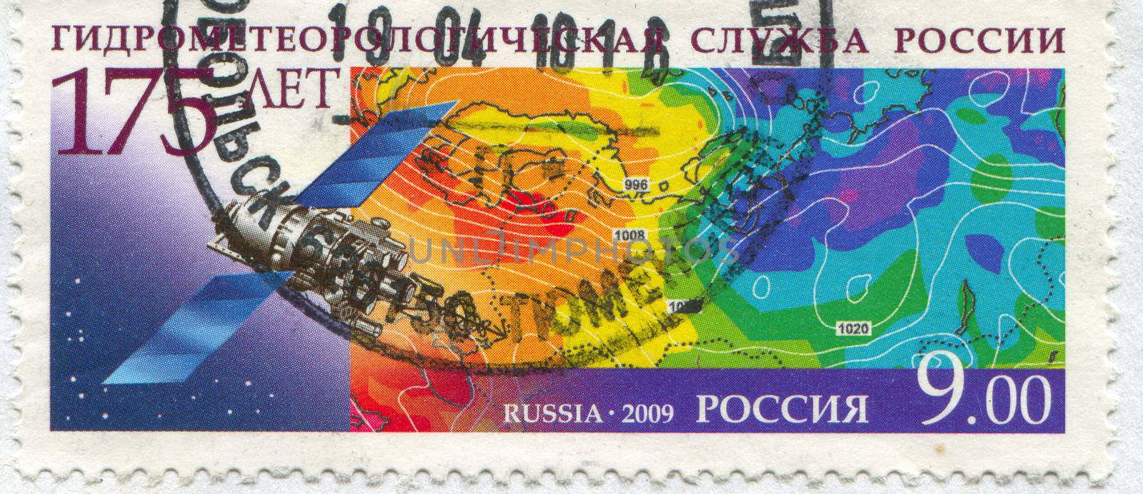 RUSSIA - CIRCA 2009: stamp printed by Russia, shows Satellite and Hydrometeorologic Map, circa 2009