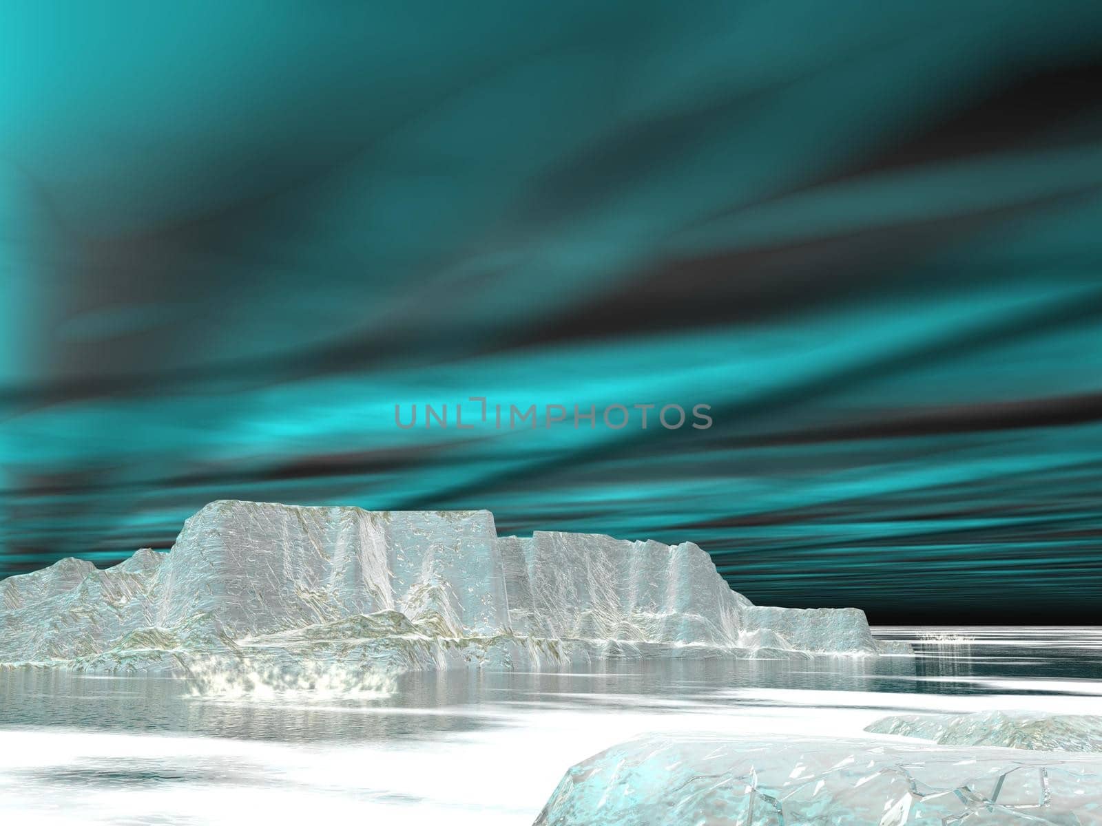 Northern lights (aurora borealis) over icebergs and ocean by night