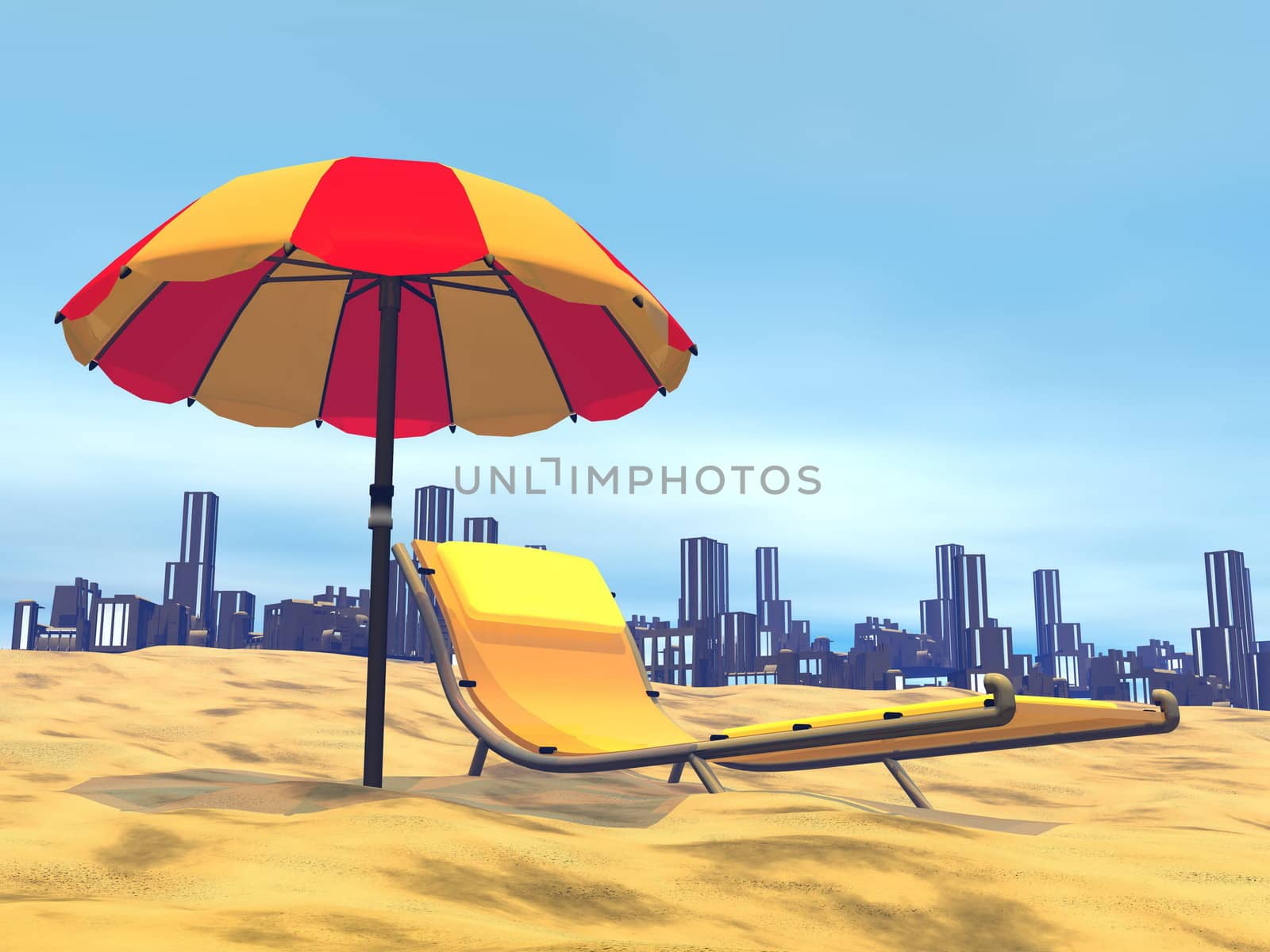 Colorful umbrella next to long chair at the beach in front of modern city by beautiful hot day