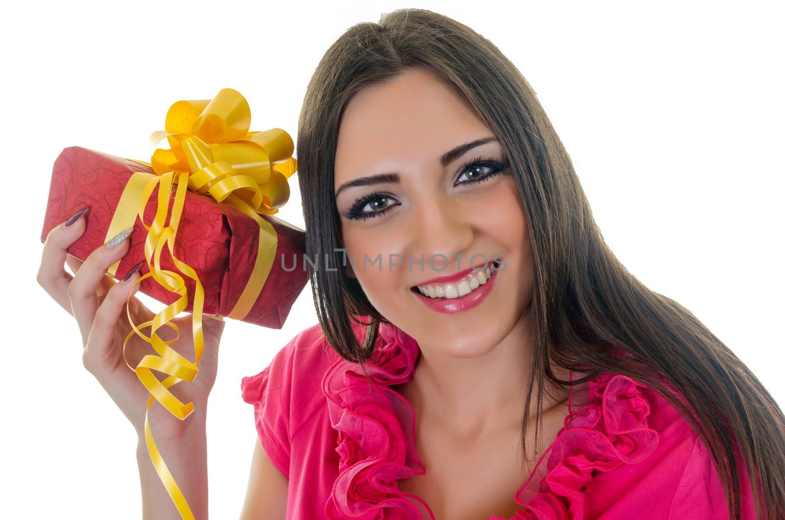 Happy Beautiful Brunette Young Woman with Gift Box, Horizontal shot over white background 