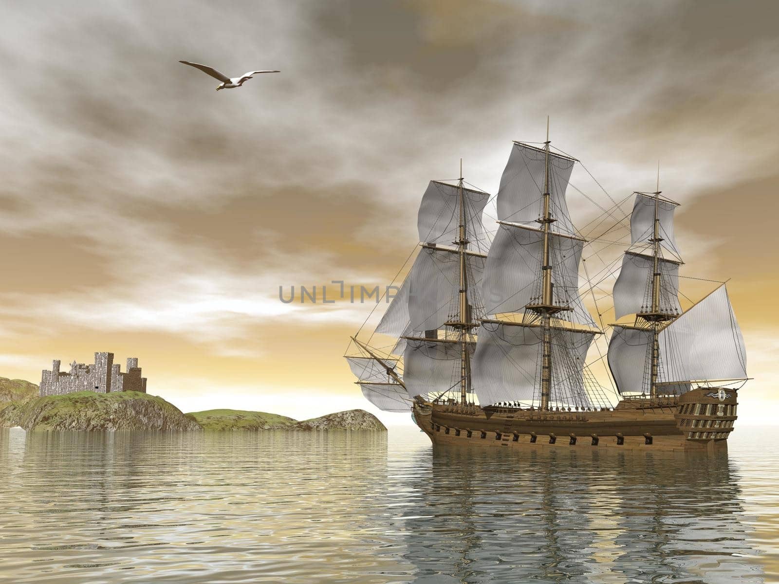 Beautiful detailed old merchant ship going back to castle and seagull flying around by cloudy sunset