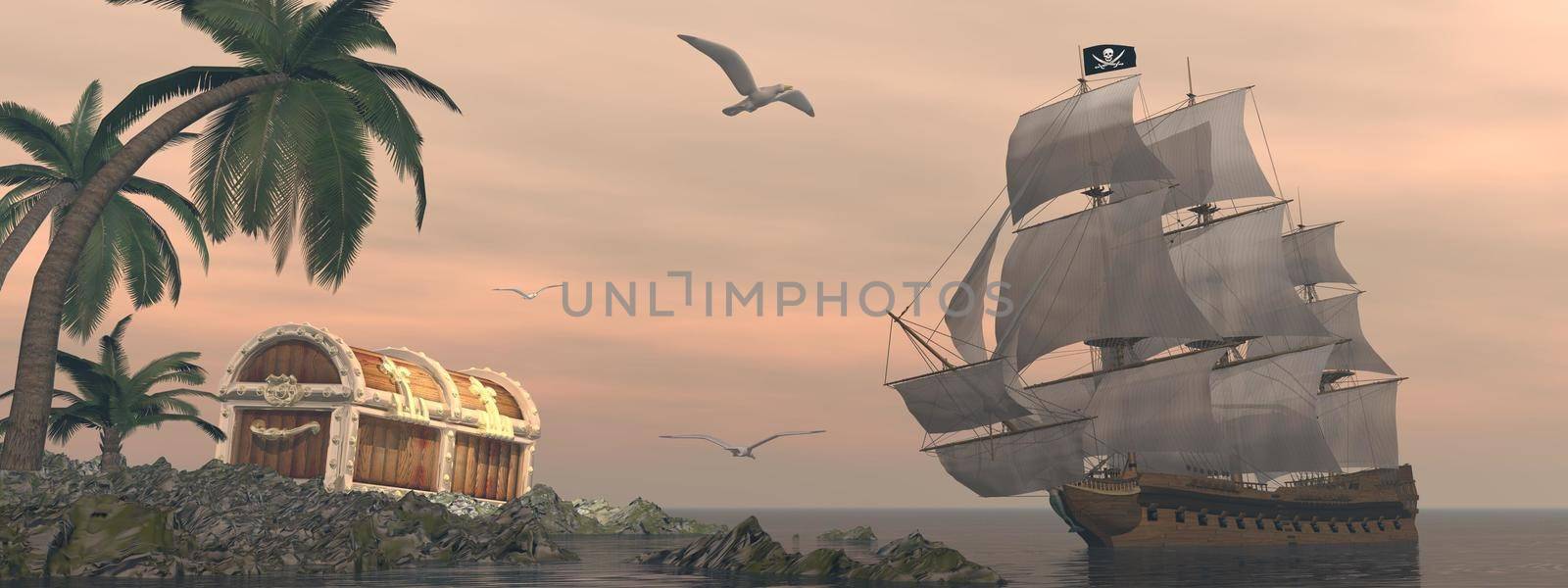 Pirate ship finding treasure - 3D render by Elenaphotos21