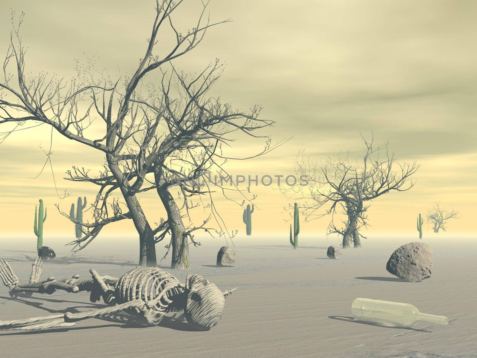 Skeleton lying in the desert next to empty bottle, rocks and dead trees by hot sunset