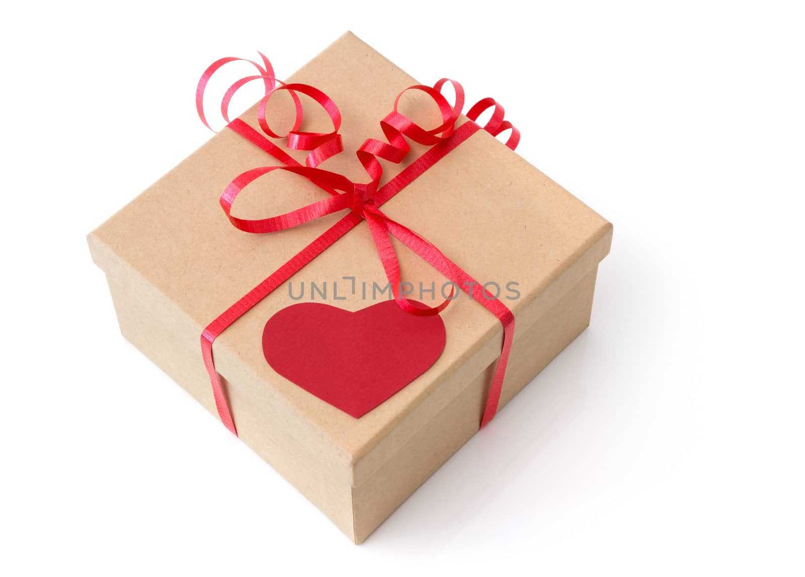 Valentine gift box with red heart, isolated on white background.