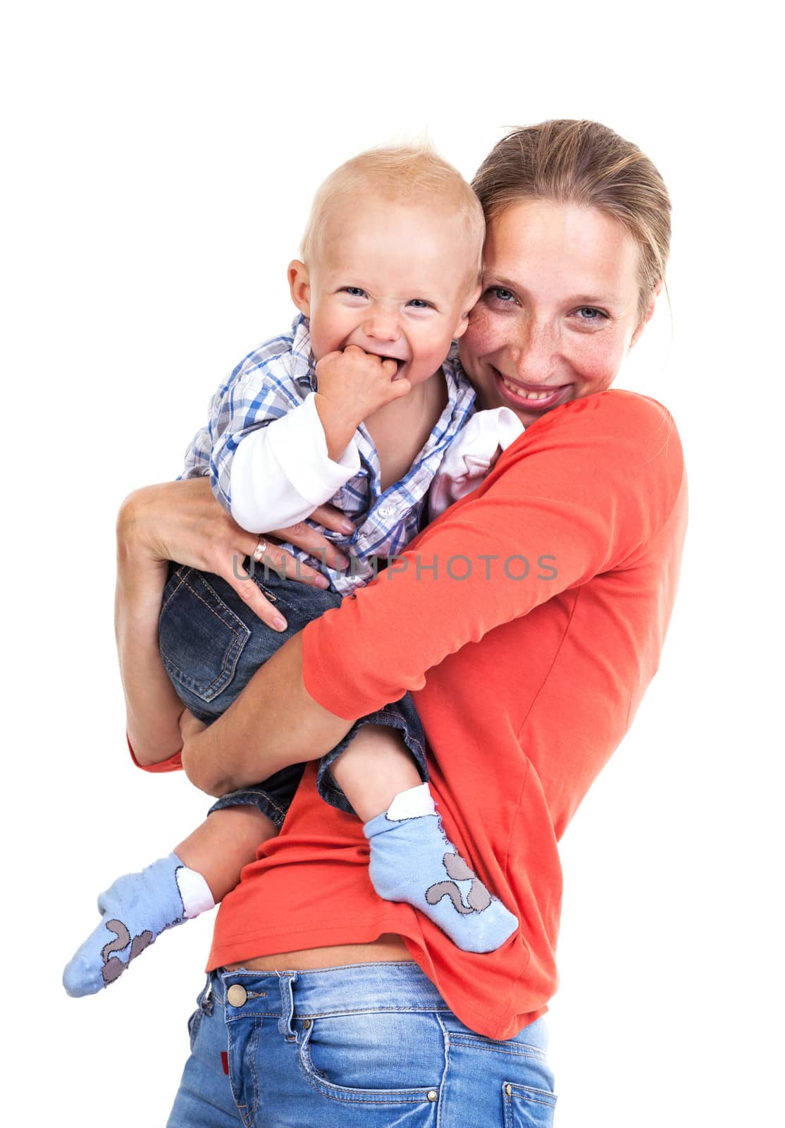 Young Caucasian woman and her baby son over white background