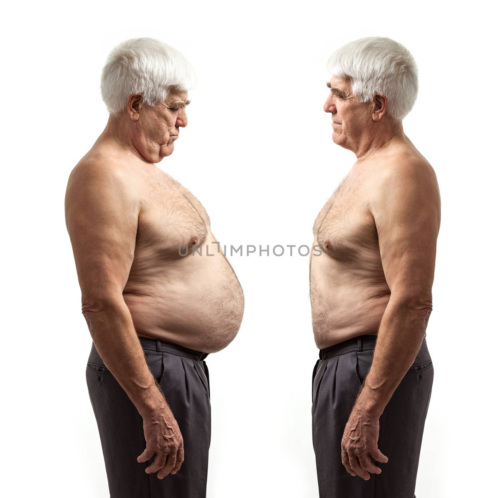Overweight man and regular weight man over white by photobac