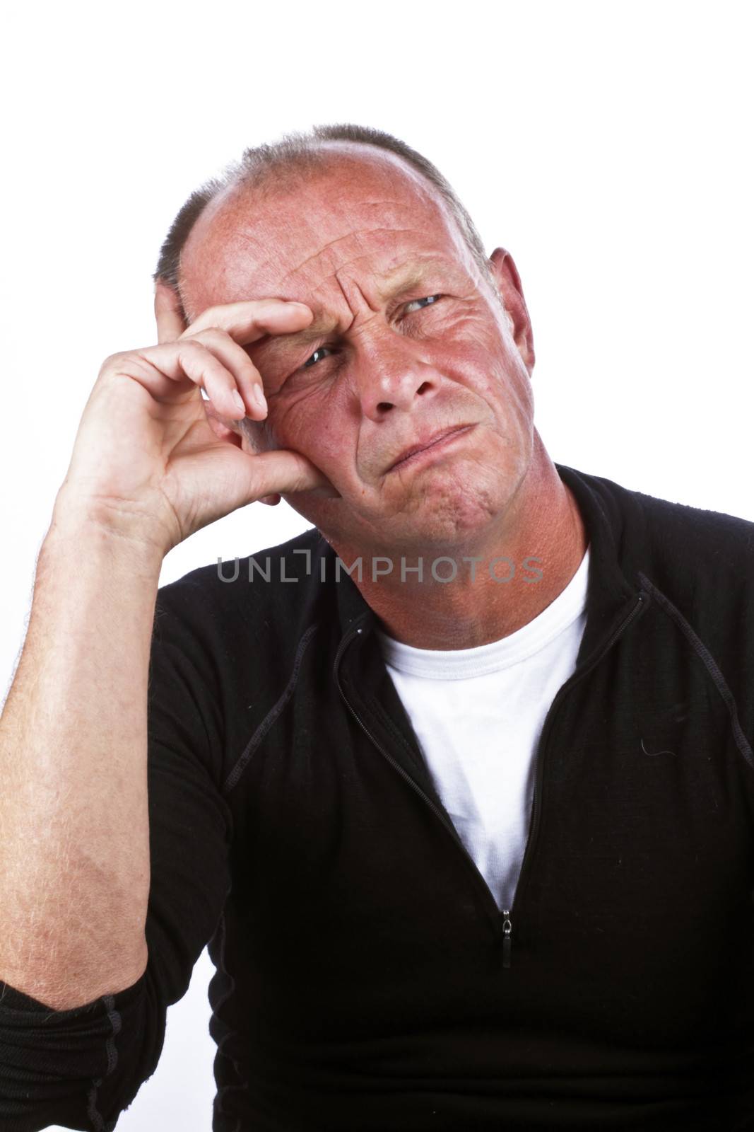 Man contemplating on a white background by devy