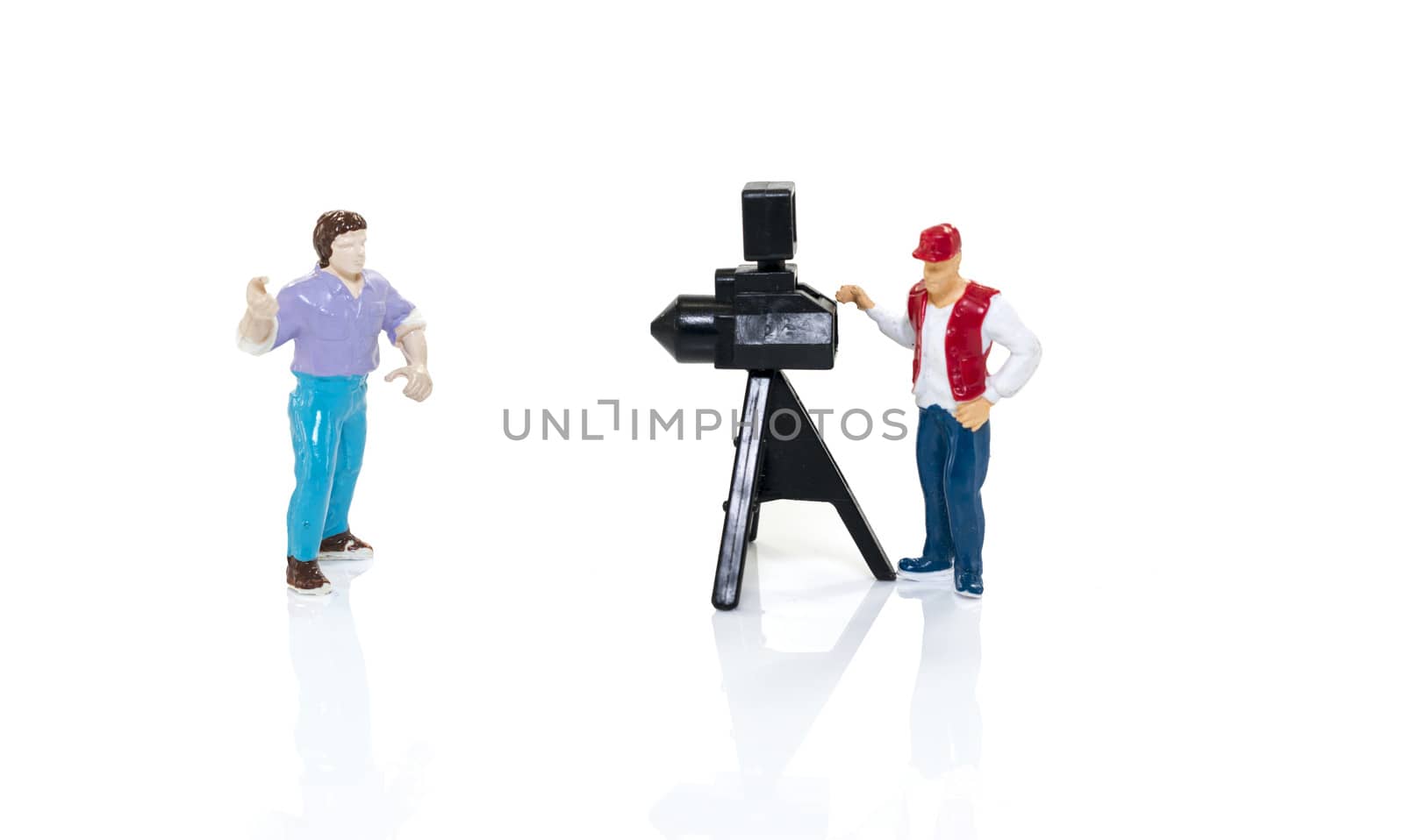 photographer with camera and model isoalted on white