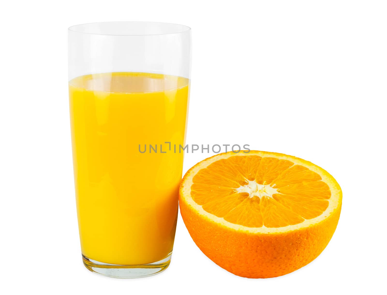 Orange juice and half orange isolated on white background with clipping path