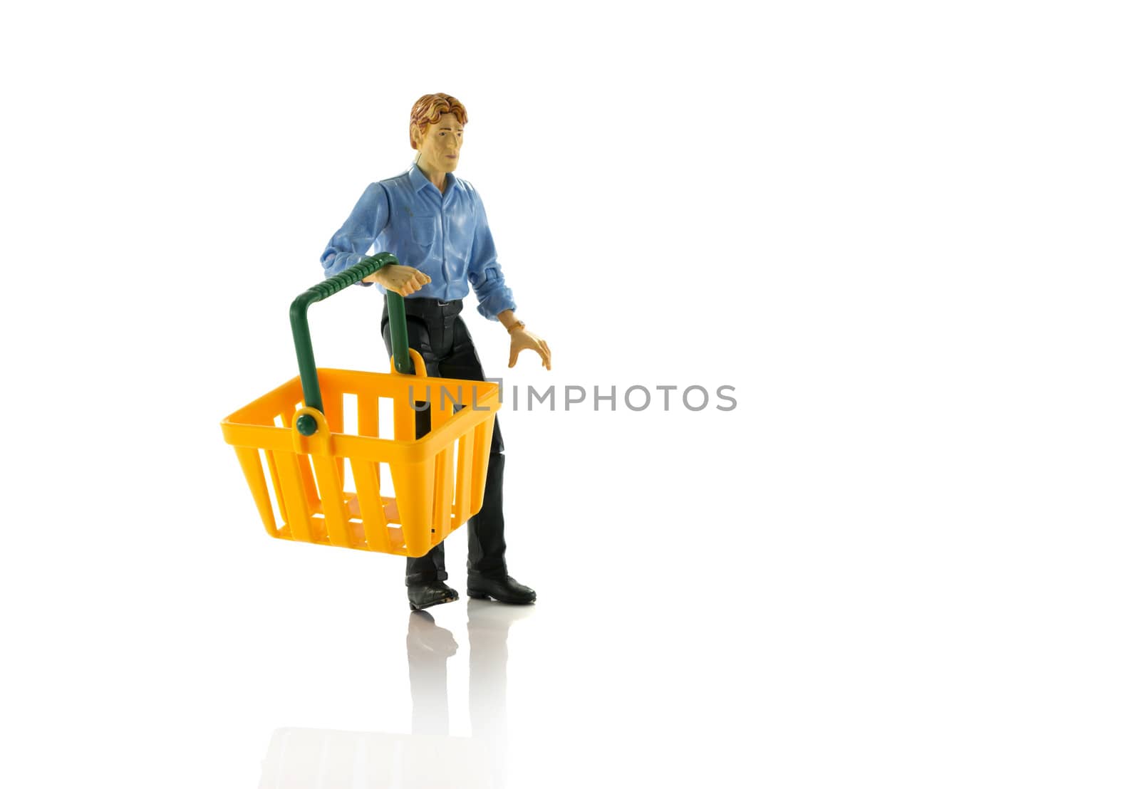 puppet man shopping with red basket