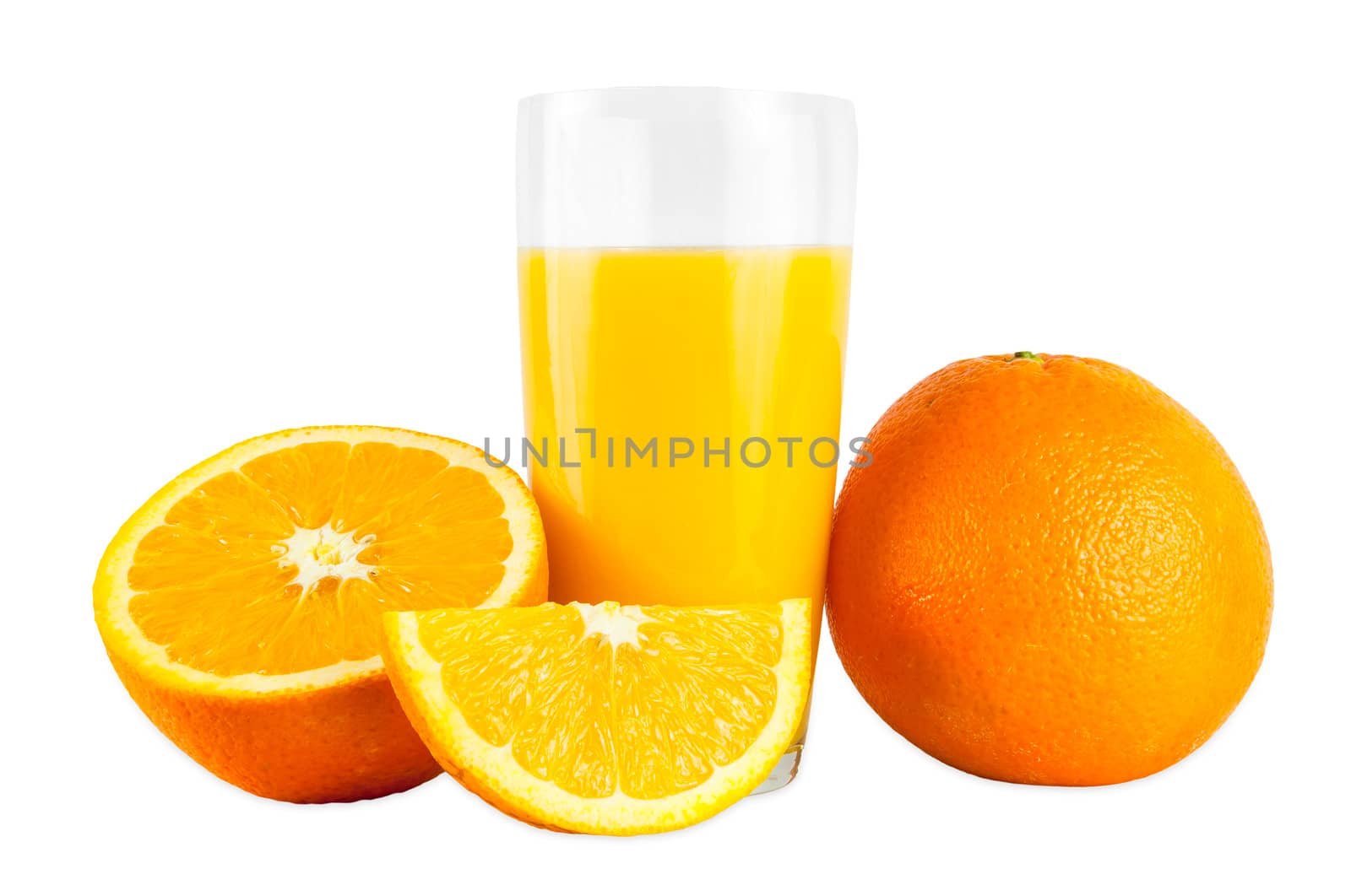 Orange juice and oranges isolated on white background with clipping path