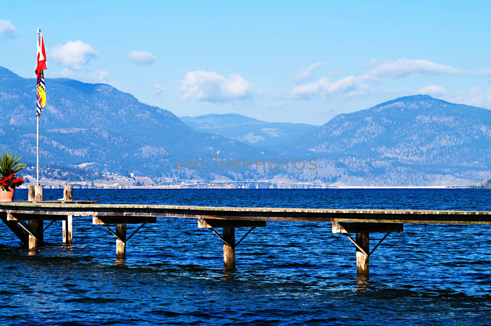 Bridge across Okanagan Lake with Flags