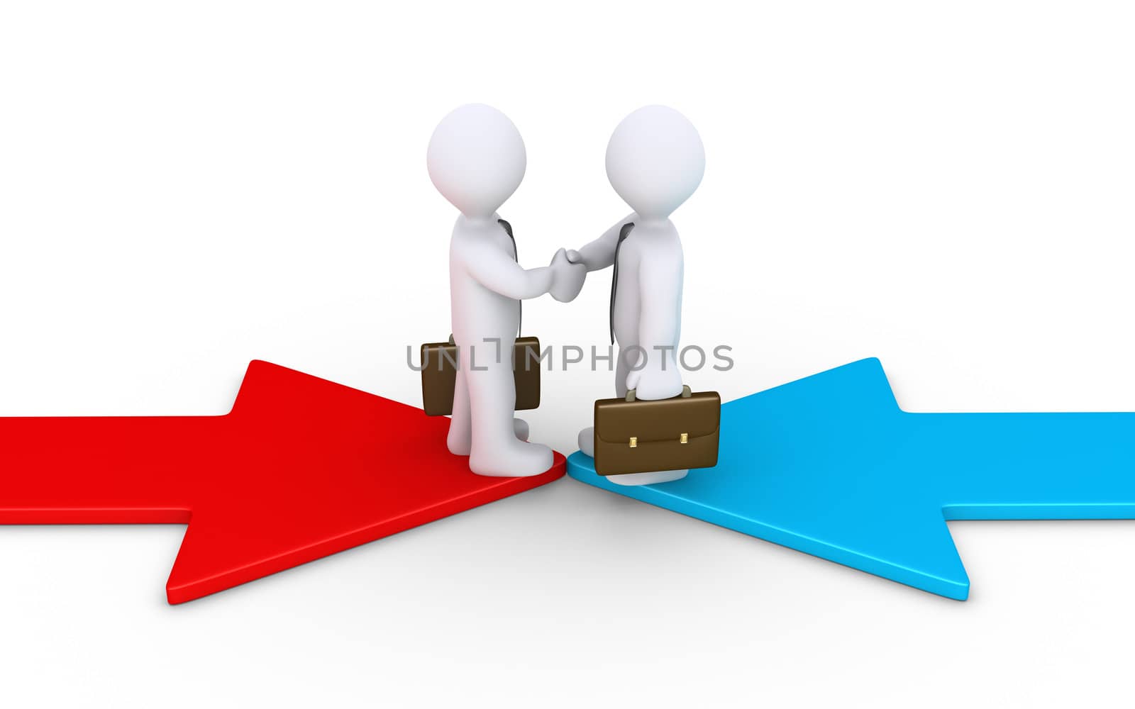 Two 3d businessmen on opposite direction arrows shake hands