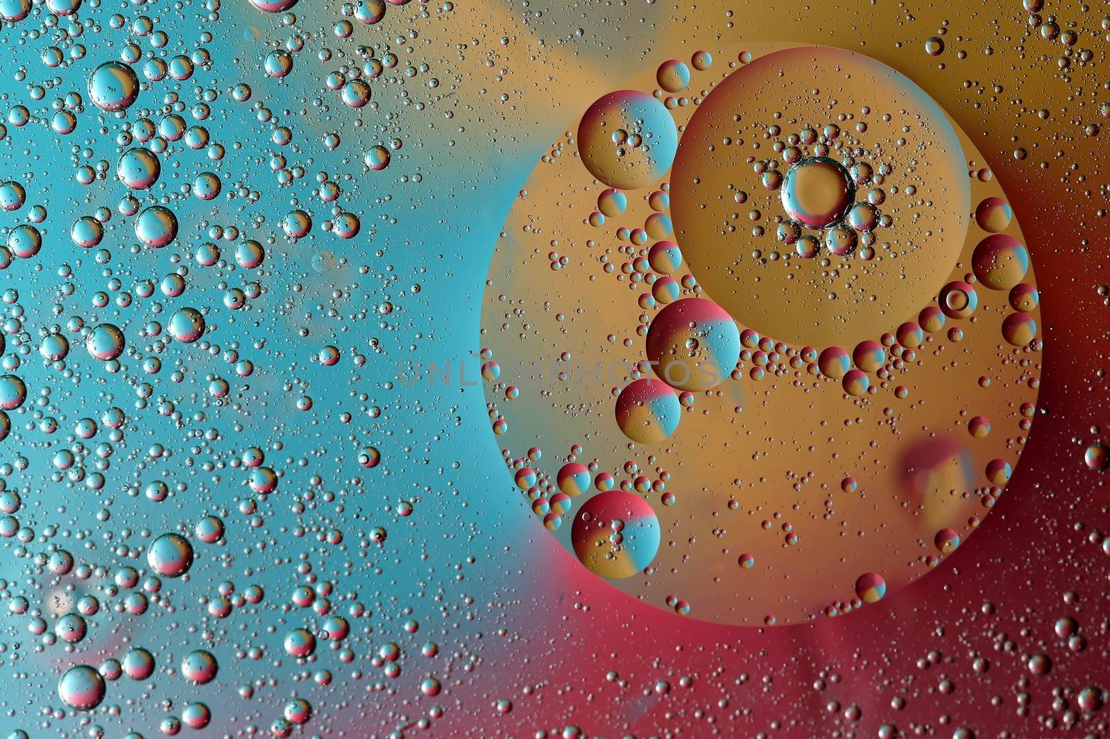 Abstract pattern of colored oil bubles on water