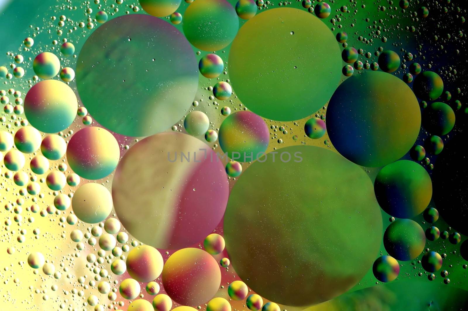 Abstract pattern of colored oil bubles on water