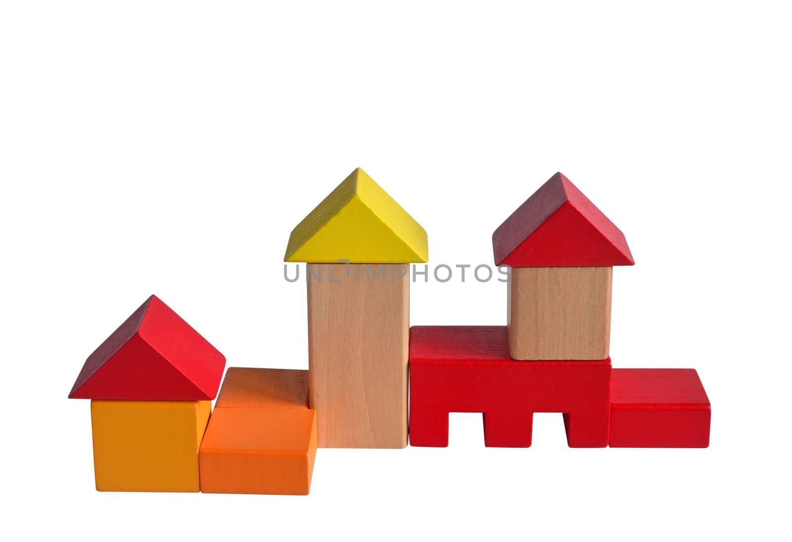 Wooden blocks construction. Isolated with path on white backbround.