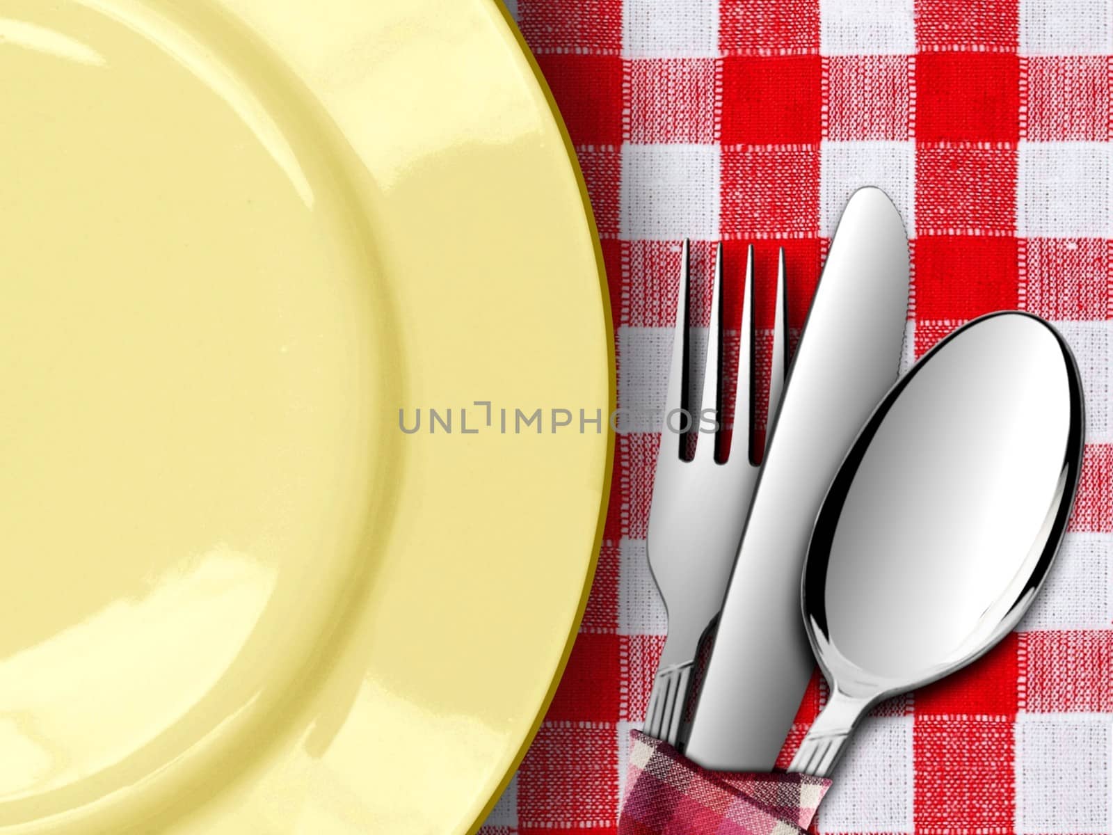 Plate with Fork and knife on Red Tablecloth