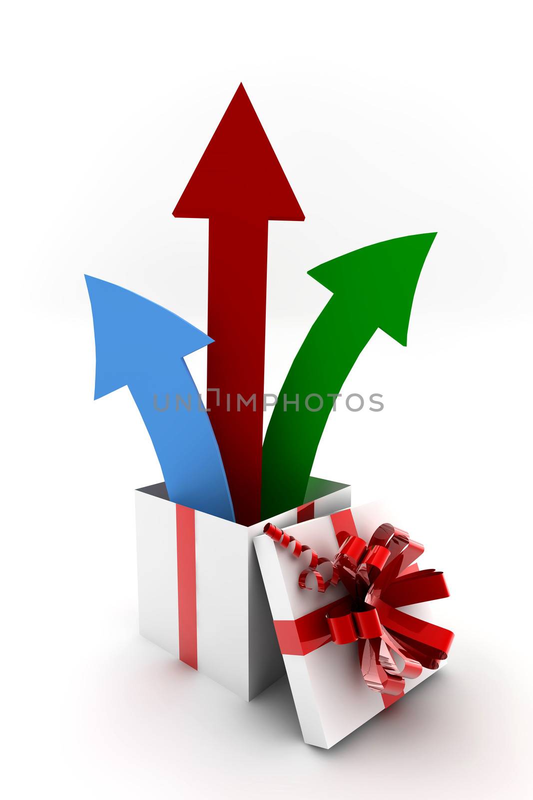 Open white and red gift with three colored arrows