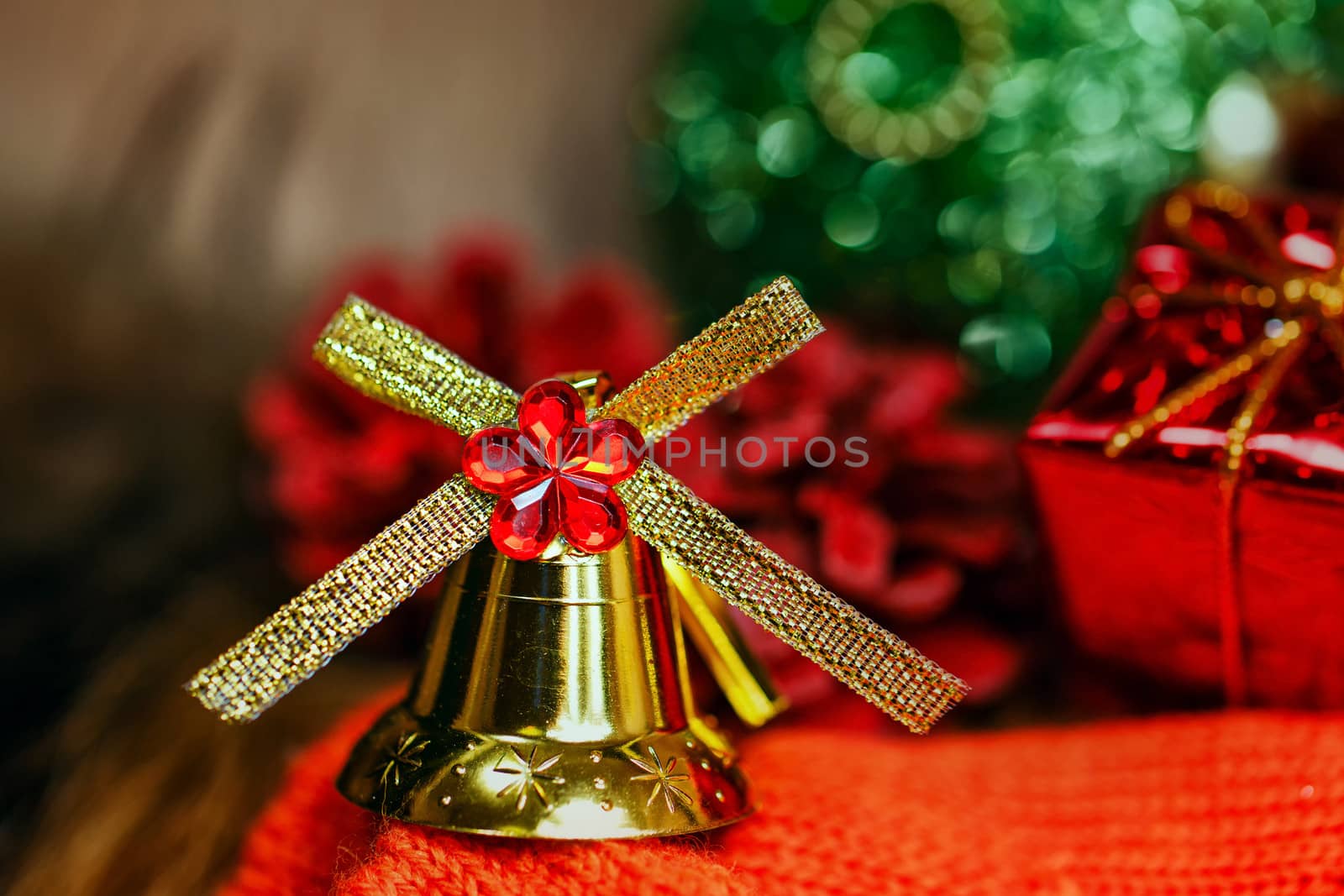 Festive Christmas golden bells photographed close-up background