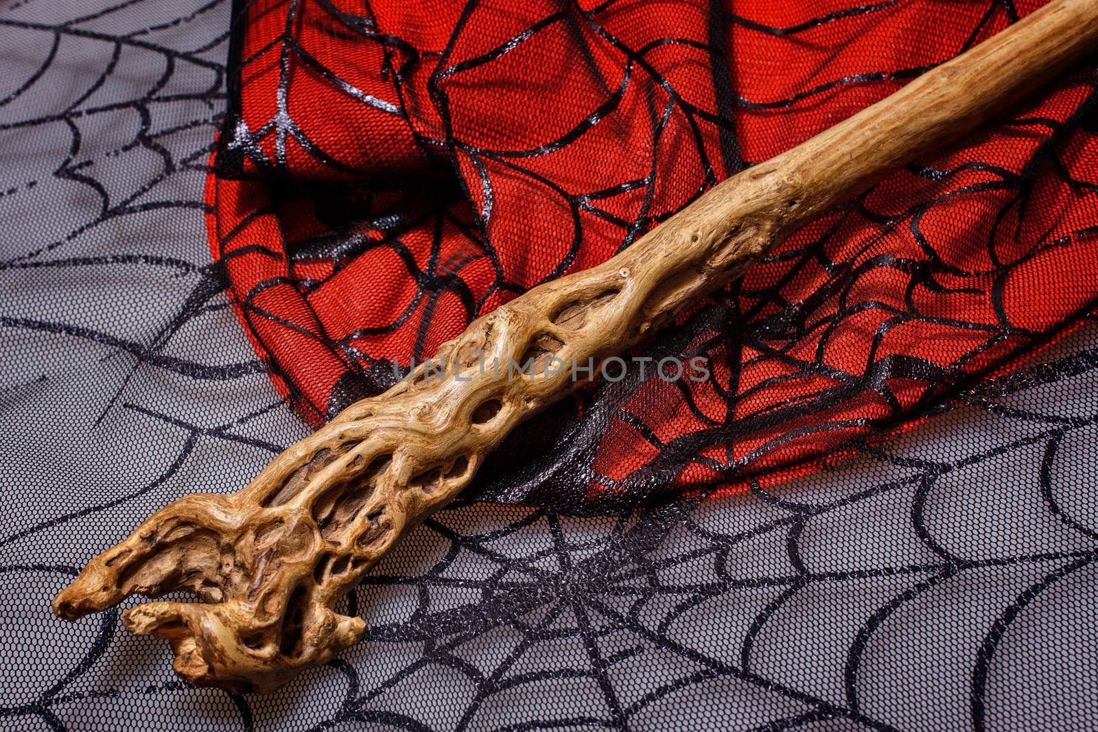 Wooden magic wand is on the web background for halloween