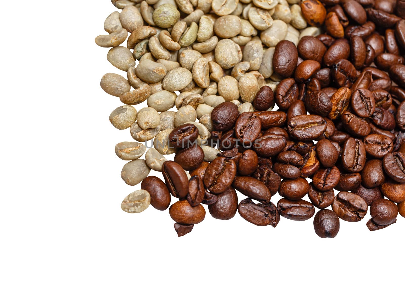 Grain roasted green and black coffee photographed closeup background