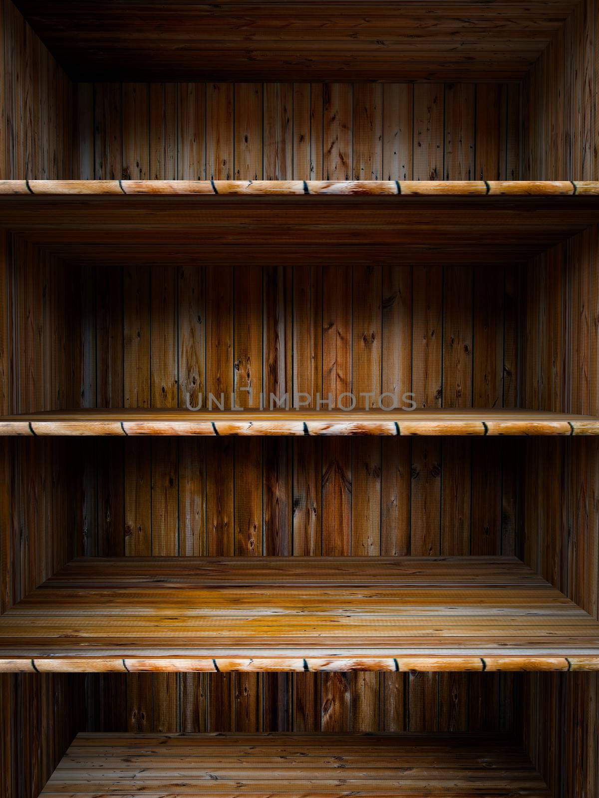 3D empty wood shelf: grunge interior for your objects