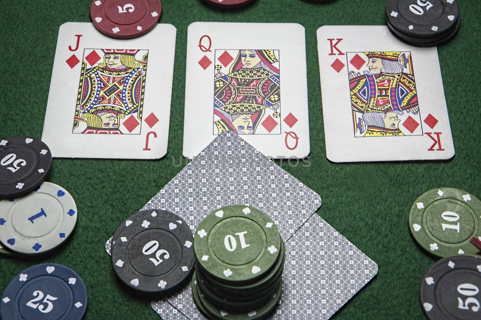 cards poker deck English, Poker game interesting with a possible winning combination on green background