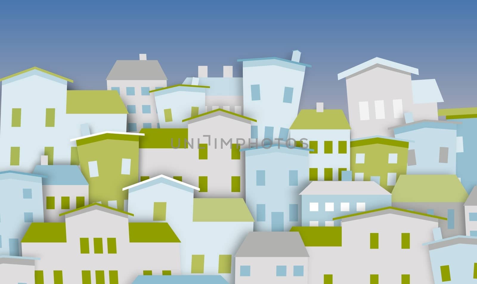 Illustration of a group of houses in green and blue