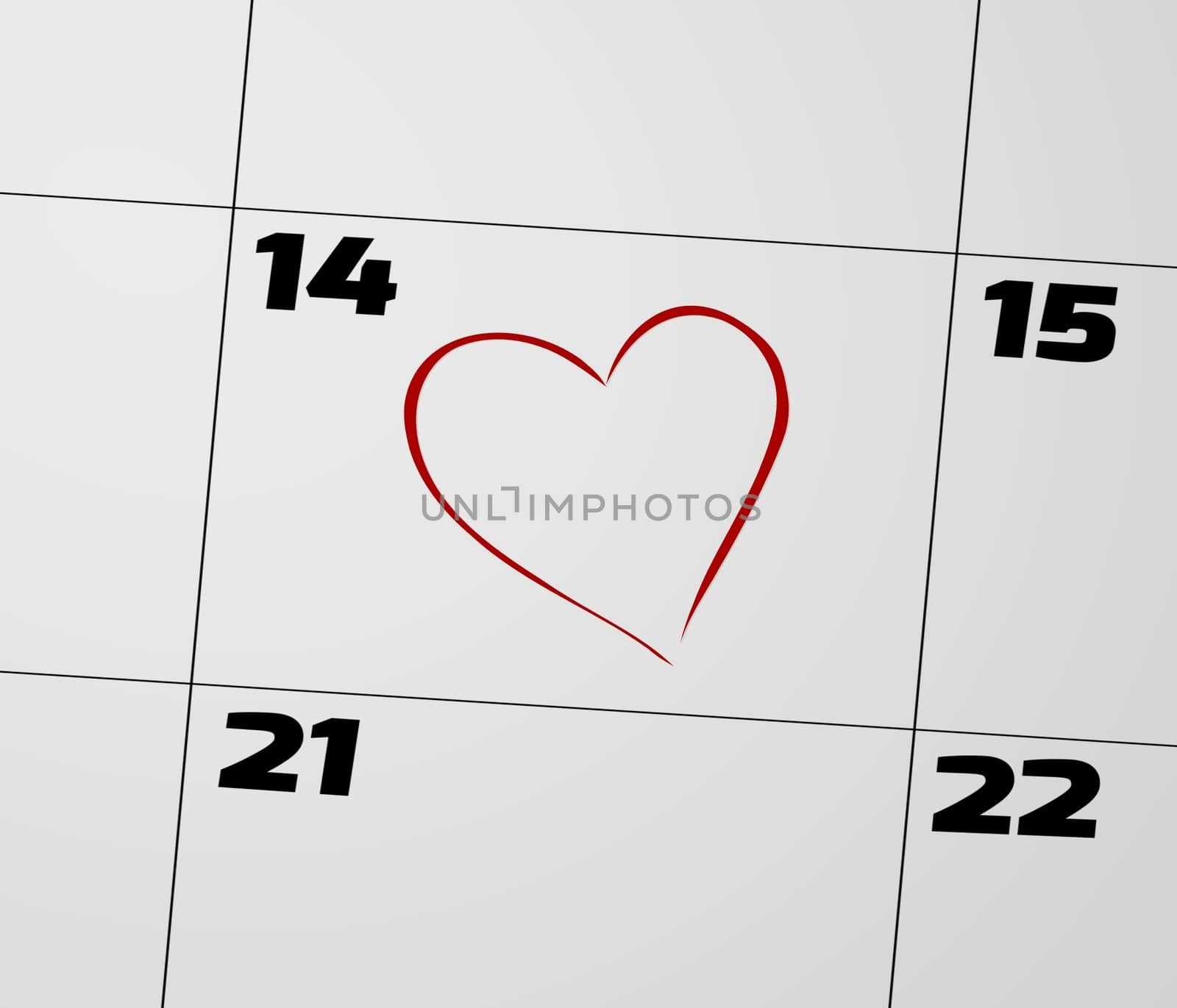 Illustration of a calendar page focusing on the 14th and marked with a red love heart