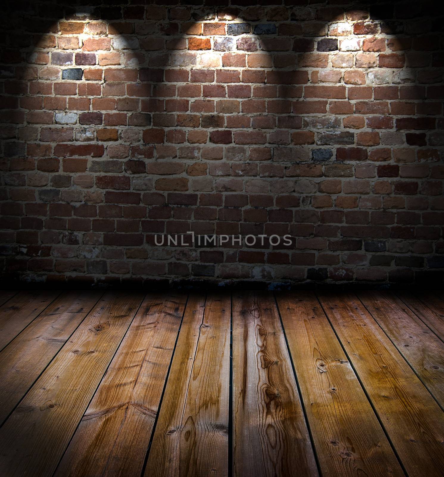 Grunge old interior with 3 lights spots