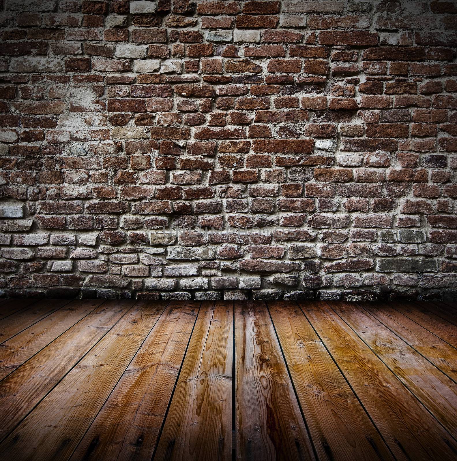 Grunge old interior with brick wall and wooden floor