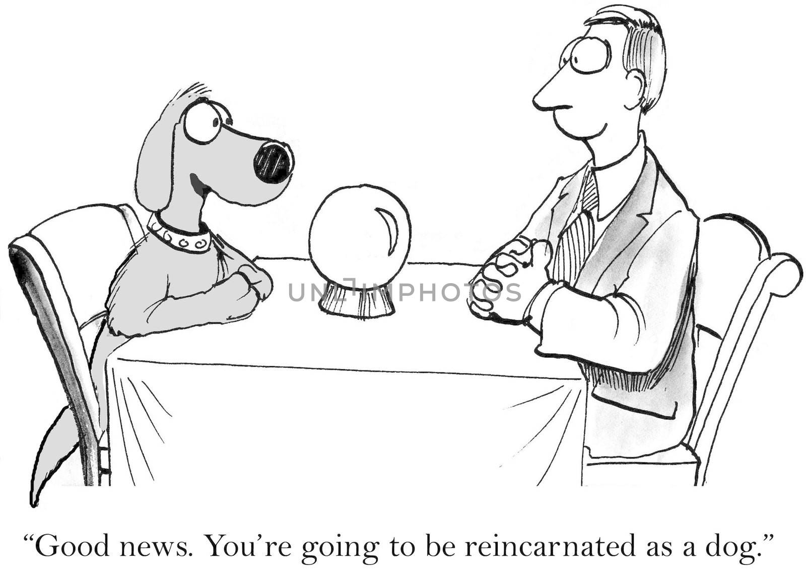 "Good news. You are going to be reincarnated as a dog."
