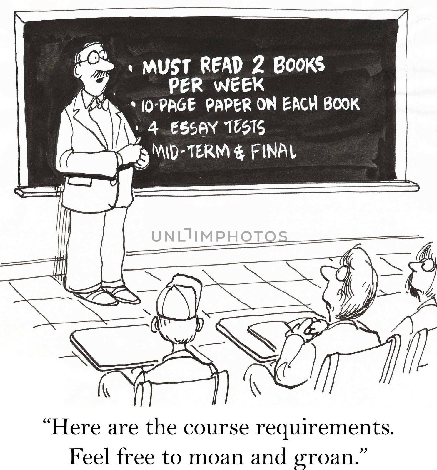 "Here are the course requirements.  Feel free to moan and groan."