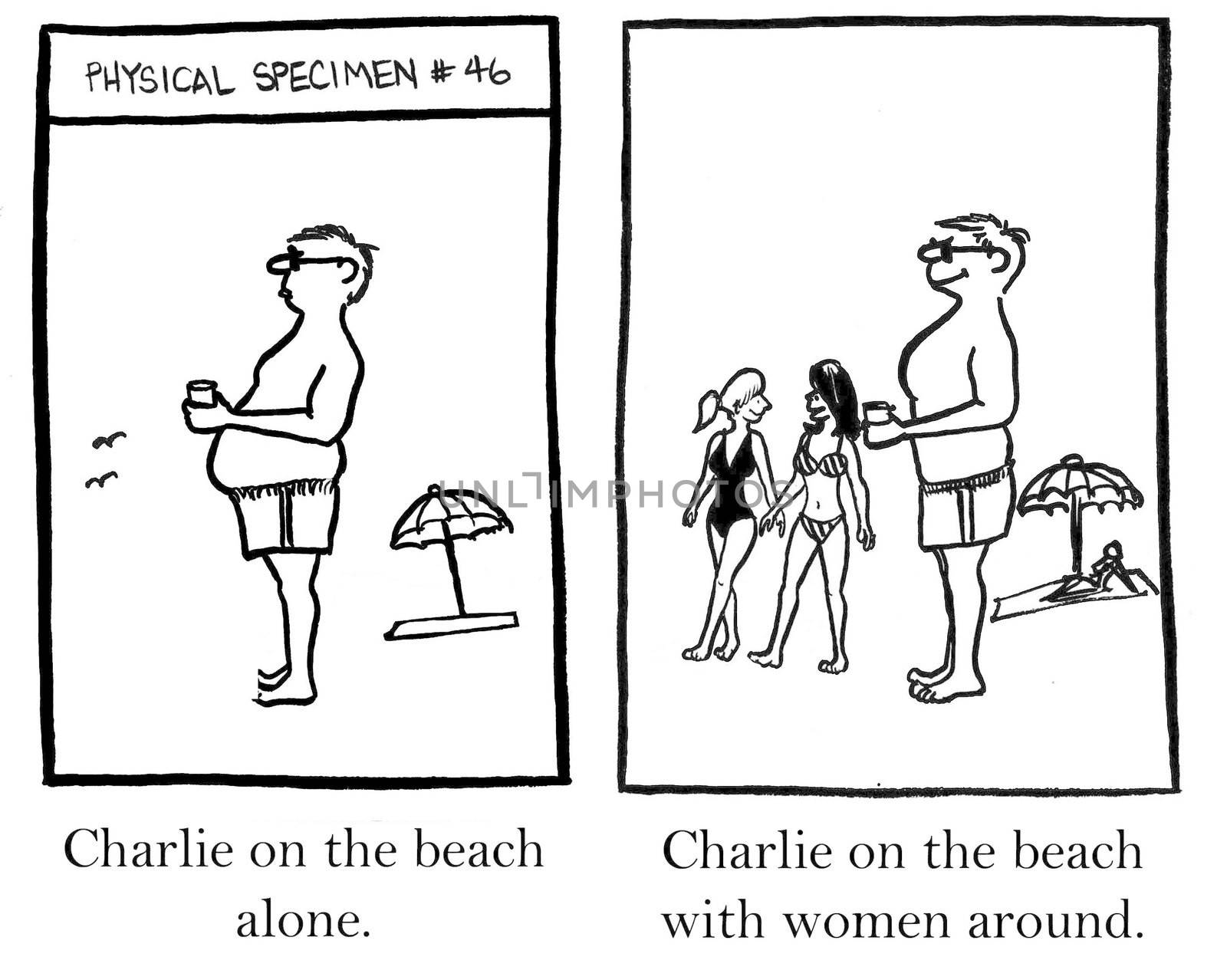 Charlie on the beach.  Charlie on the beach with women around.