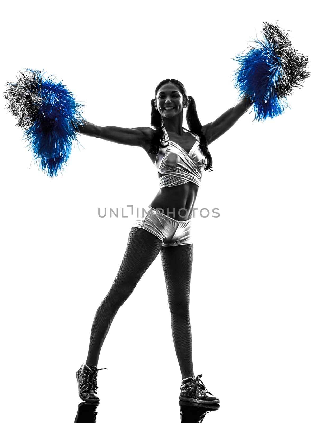 one young woman cheerleader cheerleading silhouette studio on white background