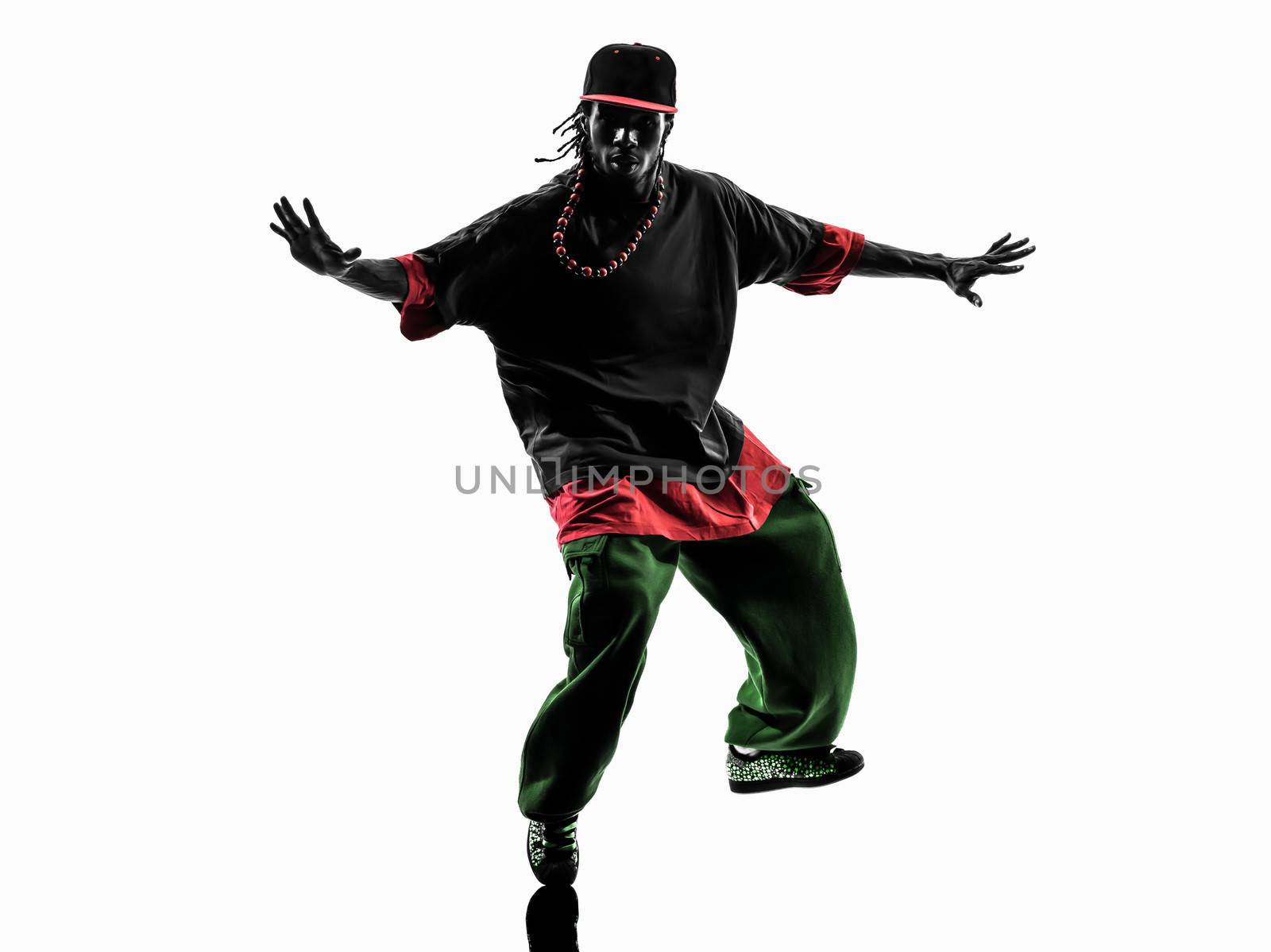 one hip hop acrobatic break dancer breakdancing young man silhouette white background