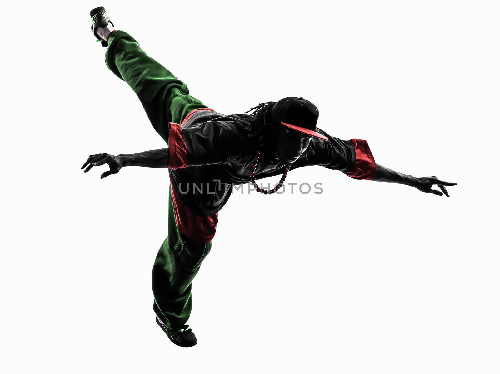 one hip hop acrobatic break dancer breakdancing young man jumping silhouette white background