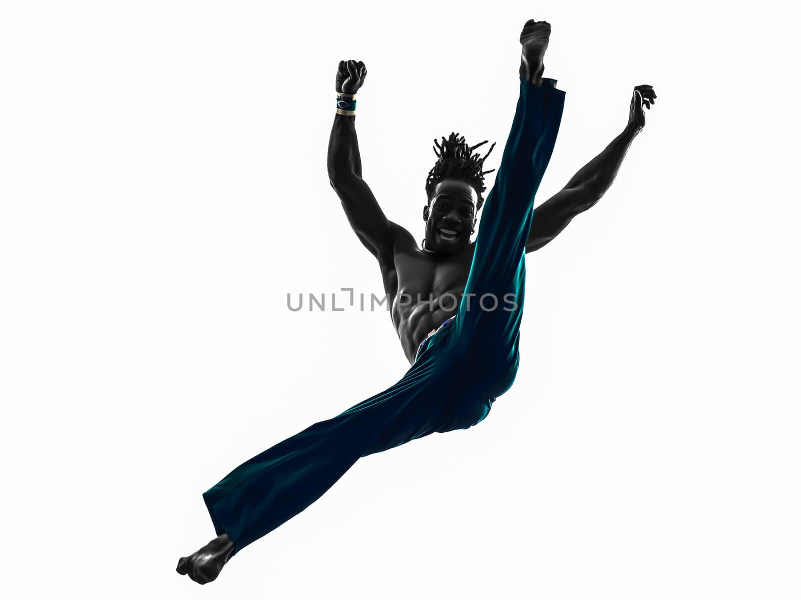 one man capoeira dancer dancing silhouette studio isolated on white background