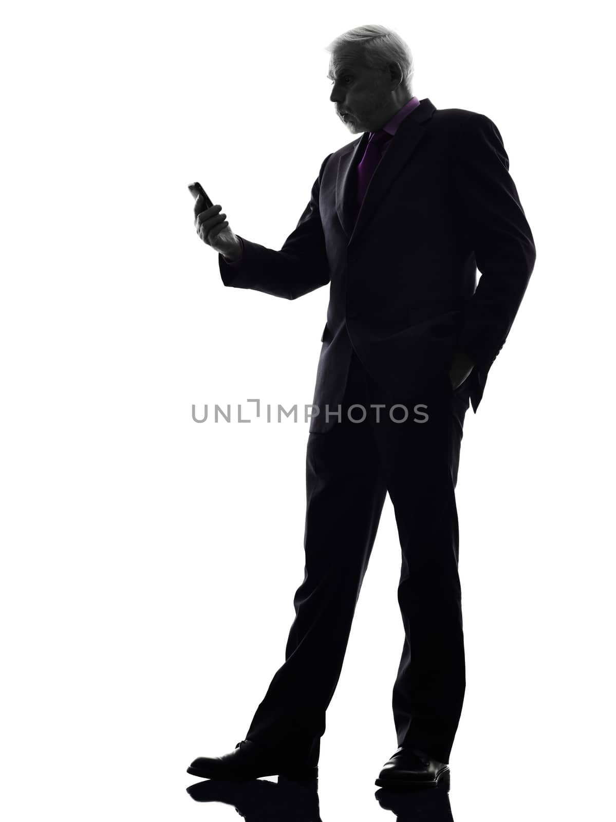 One Caucasian Senior Business Man on the telephone angry Silhouette White Background