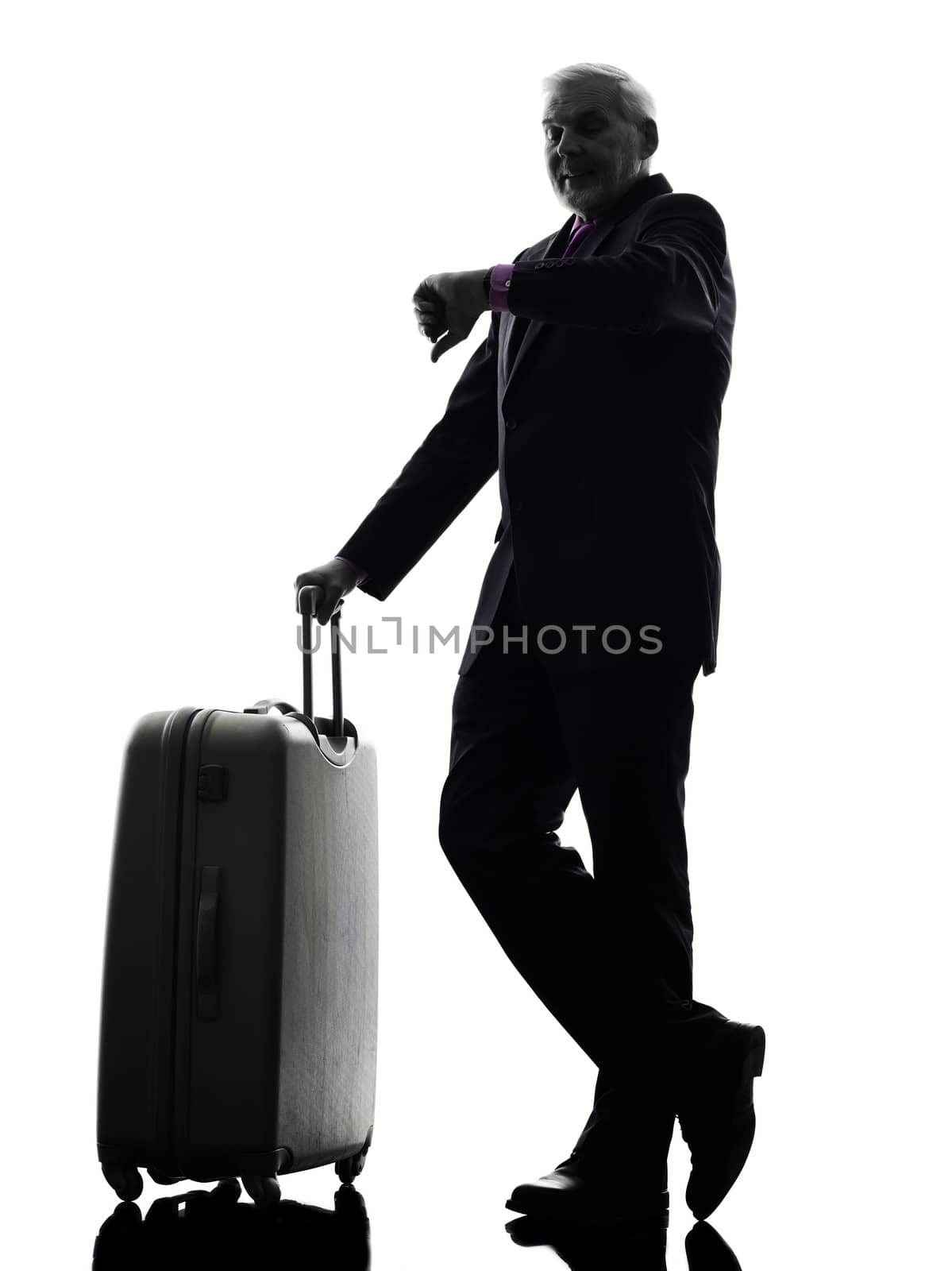 One Caucasian Senior Business Man Checking Time Silhouette White Background