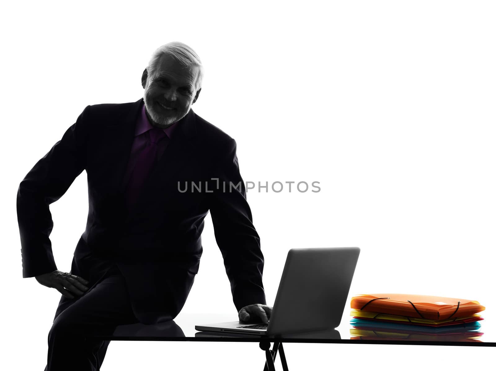 One Caucasian Senior Business Man computing Silhouette White Background