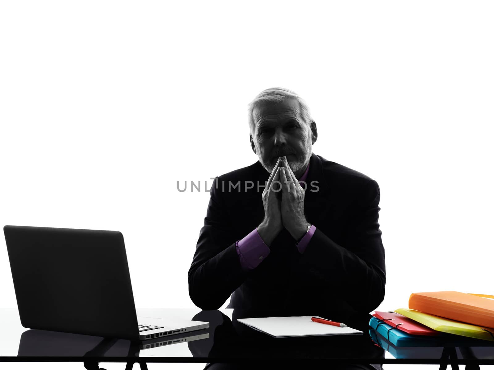 One Caucasian Attentive Senior Business Man Silhouette White Background