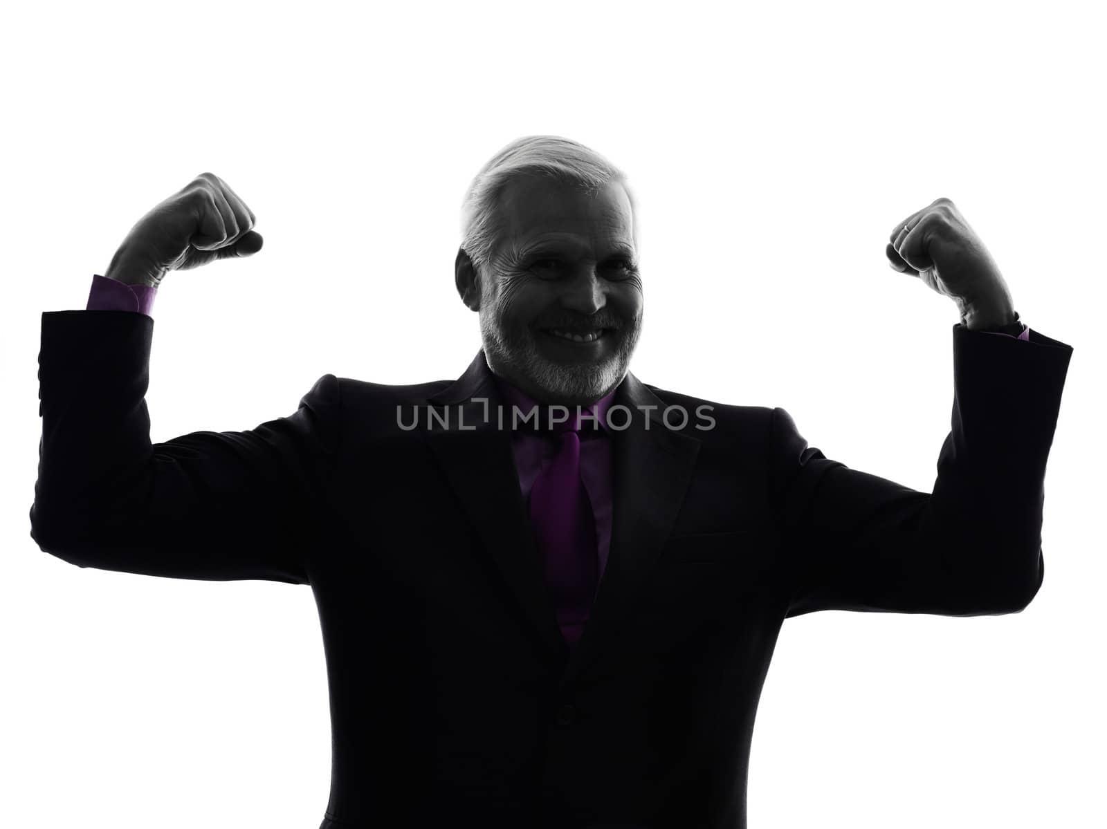 One Caucasian senior business man flexing muscles strong silhouette White Background