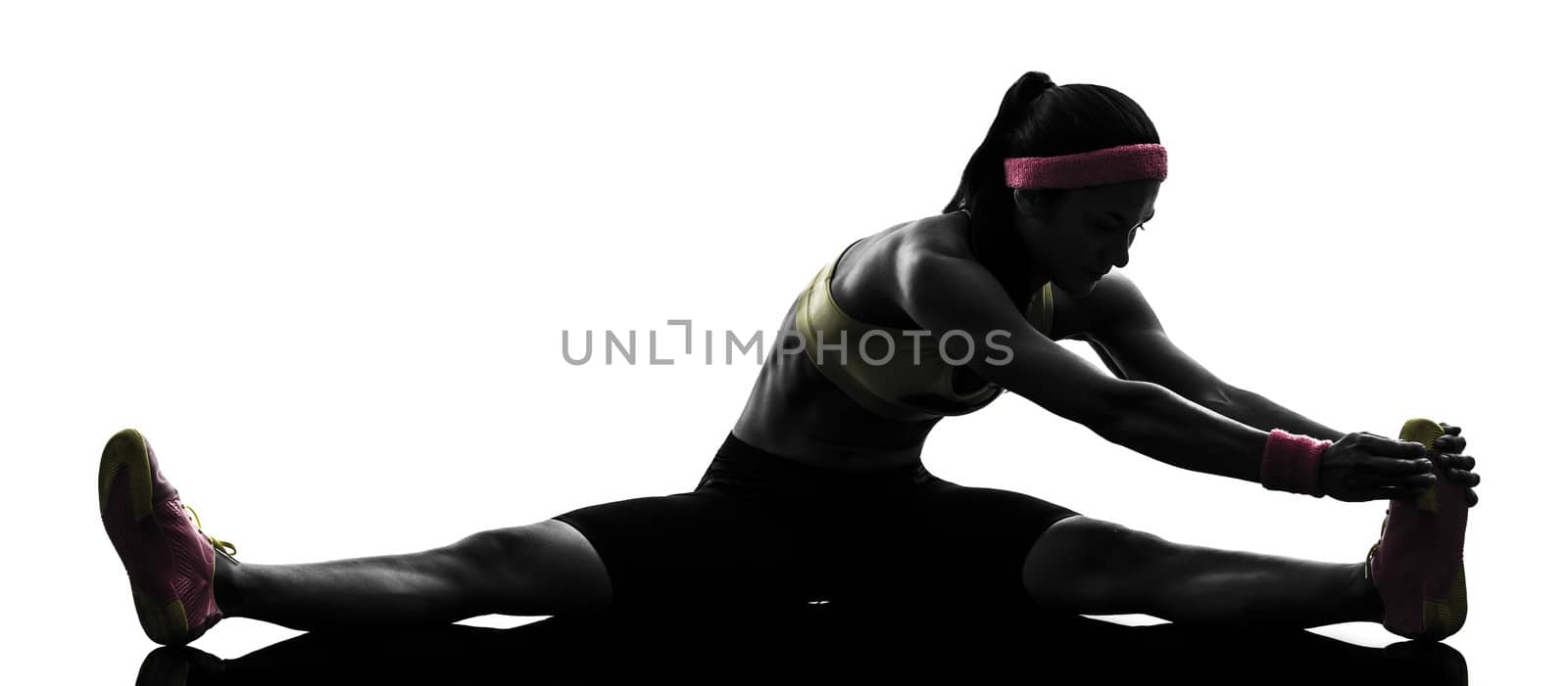 one woman exercising fitness workout in silhouette on white background