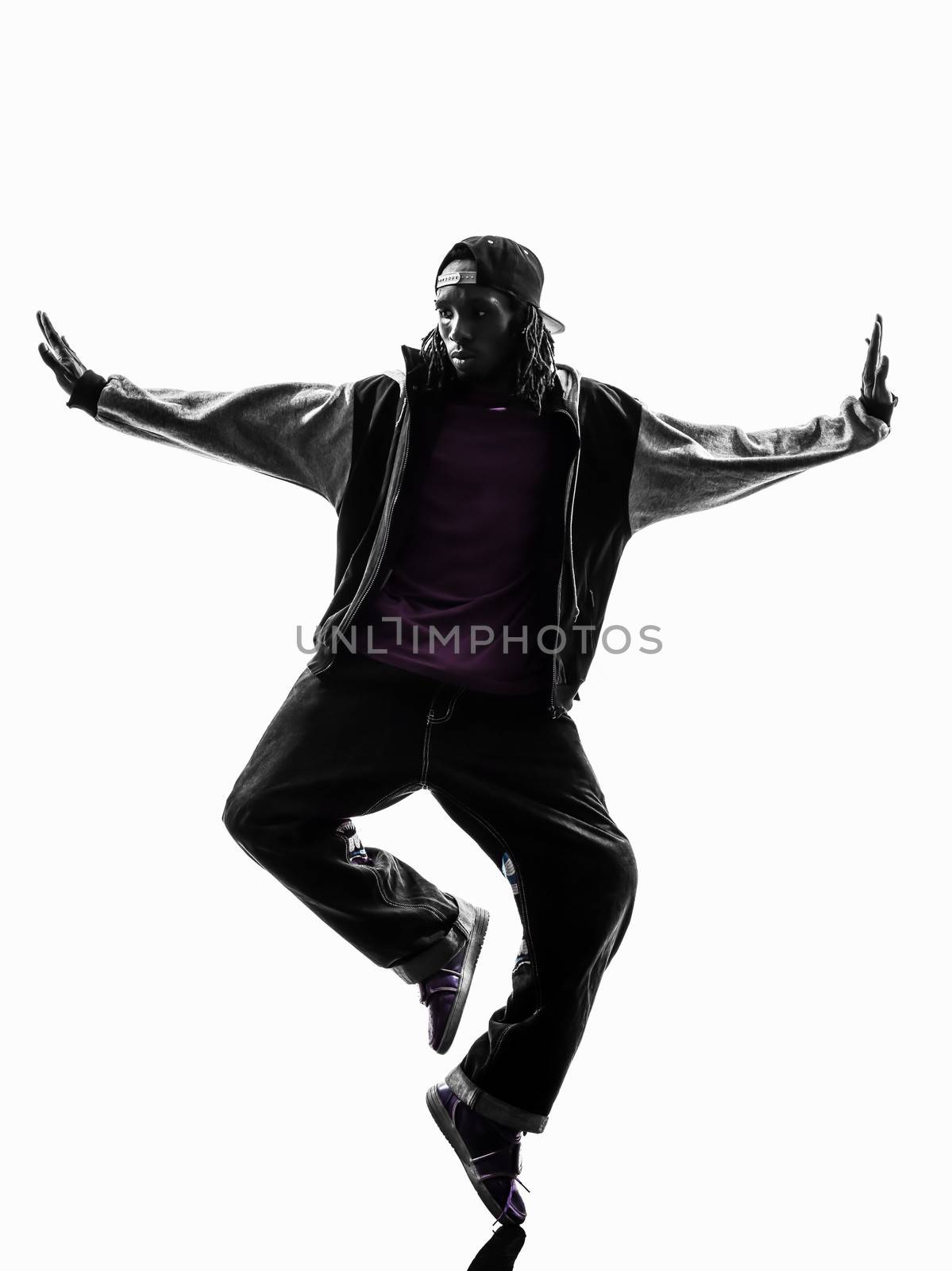 one hip hop acrobatic break dancer breakdancing young man silhouette white background